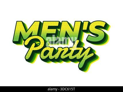 Ein lebendiges Grafikdesign mit der Text MENS Party in auffälliger, stilisierter Typografie. Die Buchstaben sind grün mit einem Verlaufseffekt und einem Schatten, Creati Stock Vektor
