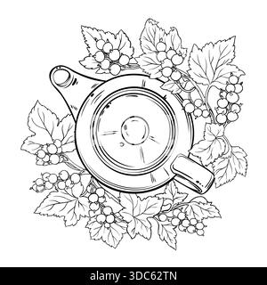 Schwarze Johannisbeertee in Teekanne Umrissillustration. Stock Vektor