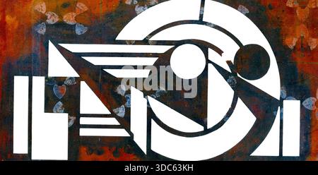 Albert Daenens - Sjabloon - abstrakte, geometrische Wandkunst mit einer verstörten, industriellen Ästhetik. Das Bildmaterial enthält eine Komposition aus auffälligen, weißen geometrischen Formen, einschließlich Kreisen, Bögen, Dreiecken, und rechteckige Balken, die ein abstraktes Design schaffen. Die weißen Formen stehen vor einem reichhaltigen, strukturierten Hintergrund, der an rostiges oder patiniertes Metall erinnert, wobei die Farben hauptsächlich in Orange-, Braun-, Rot- und Dunkelblautönen gehalten werden. Stockfoto