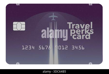 Eine Reisekreditkarte mit Vergünstigungen und Rabatten auf Reiseartikel ist in einer 3D-Abbildung zu sehen. Stockfoto