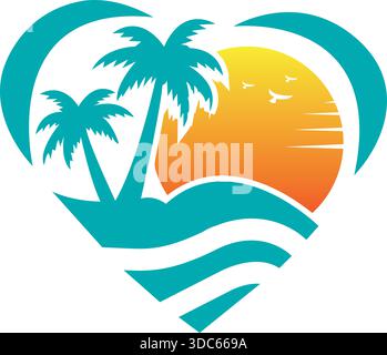 Travel Beach Palm Heart Logo Design Vektor-Symbol-Vorlage Stock Vektor