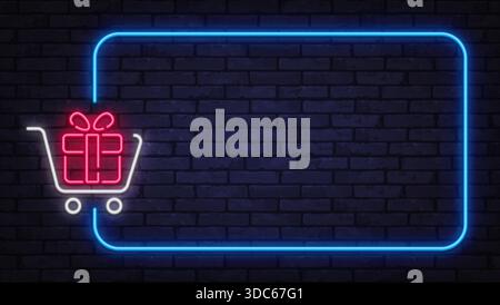 Moderner Neonvektorrahmen mit Einkaufswagen und Präsenzsymbol. Entwickelt für E-Commerce-Banner, Werbeaktionen und Online-Geschenkkampagnen. Stock Vektor