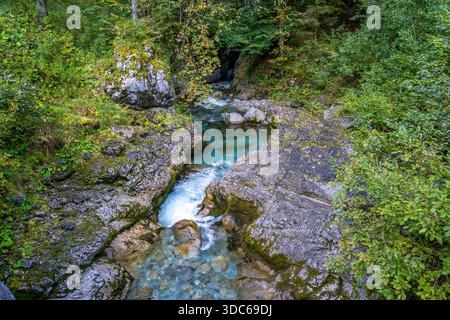 Ein ruhiger Gebirgsbach kaskadiert anmutig über moosbedeckte Felsen und erinnert an Ruhe und natürliche Schönheit in der unberührten Wildnis Österreichs Stockfoto