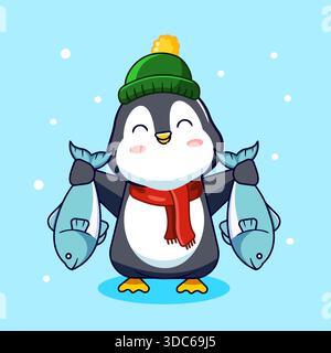 Glücklicher Pinguin in Winterausrüstung hält zwei Fisch Vektor Illustration Cartoon Design Stock Vektor