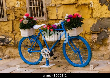 Blaues Fahrrad mit weißen Blumenkörben, geparkt an einer gelben rustikalen Mauer Stockfoto