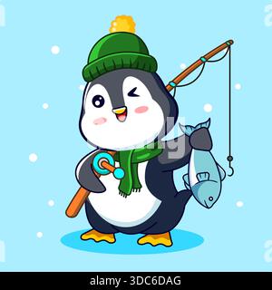 Glücklicher Pinguin Fischer mit einem frischen Fang Vektor Illustration Cartoon Design Stock Vektor