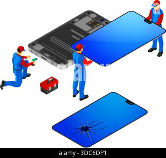 Reparaturservice Für Mobiltelefone. Isometrische Menschen in einheitlicher Reparatur kaputter Smartphone-Bildschirm. Online-Internet-Support. Vorlage für Landing-Page. Isoliertes Fahrzeug Stock Vektor