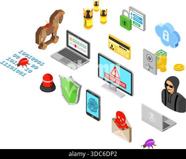 Internet Security isometrische Konzept mit flachen Symbole Hacker, Viren, Spam und Safe. Stock Vektor