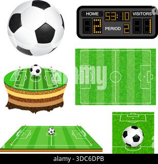 Setze das Fußballfeld mit Ball, Anzeigetafel, Flagge und Tor. Realistische und flache Symbole. Isolierte Vektordarstellung Stock Vektor