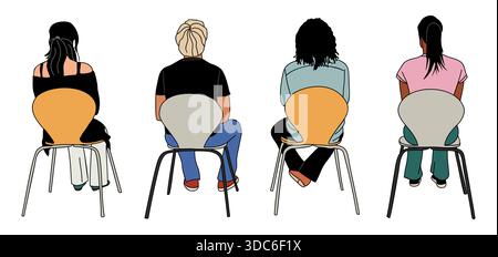 Die Leute sitzen auf modernen Stühlen mit Blick auf die Rückseite Stock Vektor