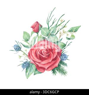 Aquarellillustration mit roter Rosenblume und Winterblättern Stockfoto