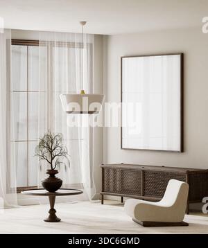Japandi neutrales Zuhause im Stil mit Posterrahmen-Mock-up, Rattan-Textur-Wand und natürlichem Tageslicht, die einen ruhigen ästhetischen Hintergrund für bilden Stockfoto