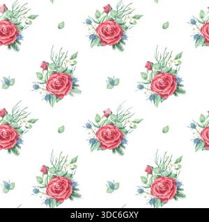 Nahtloses Aquarellmuster mit roter Rosenblüte und Winterblättern Stockfoto