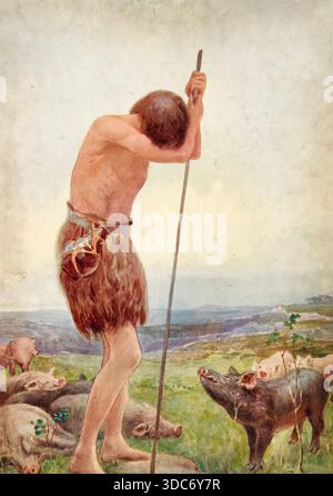 Szene aus der biblischen Geschichte, der verlorene Sohn, authentische Reproduktion eines Schulwandbildes, historisch, um 1900 Stockfoto