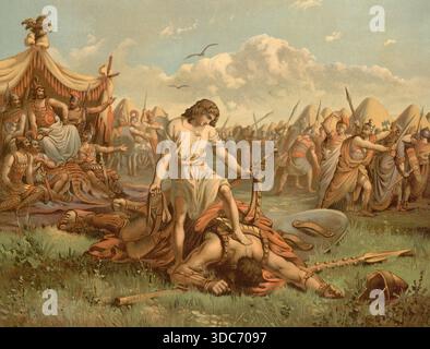 Szene aus der biblischen Geschichte, die Geschichte von David und Goliath stammt aus dem Alten Testament der Bibel und beschreibt den unwahrscheinlich Stockfoto