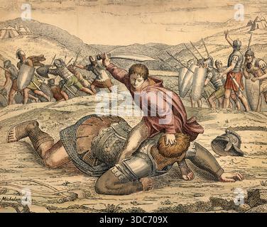 Szene aus der biblischen Geschichte, die Geschichte von David und Goliath stammt aus dem Alten Testament der Bibel und beschreibt den unwahrscheinlich Stockfoto