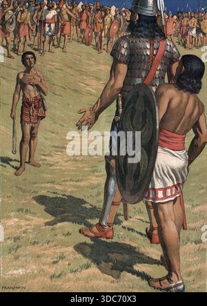 Szene aus der biblischen Geschichte, die Geschichte von David und Goliath stammt aus dem Alten Testament der Bibel und beschreibt den unwahrscheinlich Stockfoto