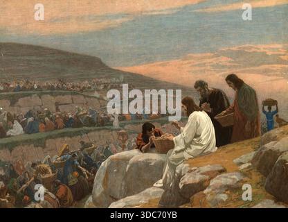 Szene aus der biblischen Geschichte, Speisen in der Wüste, bezieht sich im biblischen Kontext auf zentrale Wundererzählungen über die göttliche Versor Stockfoto