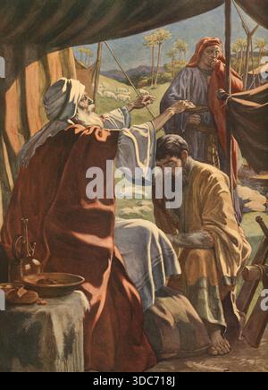 Szene aus der biblischen Geschichte, Jakob empfängt den Segen, eine zentrale biblische Geschichte aus 1. Mose Kapitel 27, in der Jakobs Mutter Rebekka Stockfoto