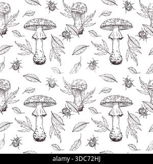 Nahtloses Vektormuster von Fliegenpilzen, Herbstblättern, Käfern, Baumzweigen. Alle Objekte werden im Vektor handgezeichnet. Die Illustration ist perfekt für Stock Vektor