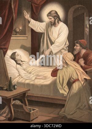 Szene aus der biblischen Geschichte, Geschichte von der Auferweckung der Tochter des Jairus, authentische Reproduktion eines Schulwandbildes, historis Stockfoto