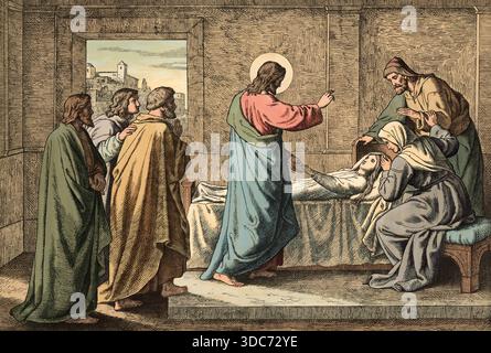 Szene aus der biblischen Geschichte, Geschichte von der Auferweckung der Tochter des Jairus, authentische Reproduktion eines Schulwandbildes, historis Stockfoto