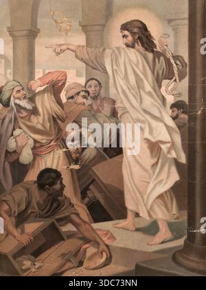 Szene aus der biblischen Geschichte, Tempelreinigung the Cleansing of the Temple ist eine biblische Geschichte, in der Jesus die Händler und Geldwechs Stockfoto