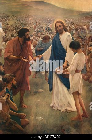 Szene aus der biblischen Geschichte, Speisung der Fünftausend, Wunder der fünf Brote und zwei Fische, eine berühmte Geschichte in der Bibel, authentis Stockfoto