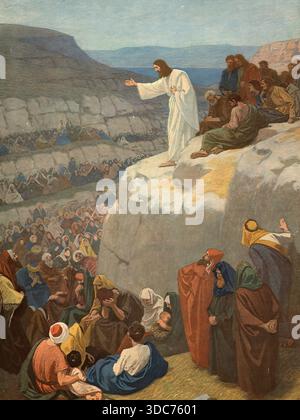 Szene aus der biblischen Geschichte, die Bergpredigt, authentische Reproduktion eines Schulwandbildes, historisch, um 1900 Stockfoto