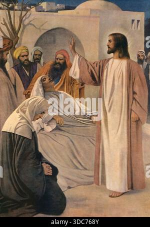 Szene aus der biblischen Geschichte, der Sohn der Witwe, Geschichte aus dem Lukasevangelium, in der Jesus in der Stadt Nain einen jungen Mann vom Tod Stockfoto