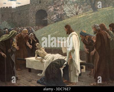 Szene aus der biblischen Geschichte, der Sohn der Witwe,Geschichte aus dem Lukasevangelium, in der Jesus in der Stadt Nain einen jungen Mann vom Tod A Stockfoto