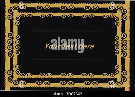 Diese hochwertige, luxuriöse, editierbare Schablone hat einen auffälligen tiefschwarzen Hintergrund mit einem goldenen Zierrand aus komplizierten, sich wiederholenden Zirkularformen Stock Vektor