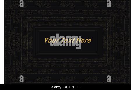 Diese hochwertige, luxuriöse, editierbare Schablone hat einen auffälligen tiefschwarzen Hintergrund mit einem goldenen Zierrand aus komplizierten, sich wiederholenden Zirkularformen Stock Vektor