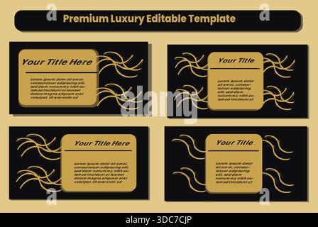 Diese hochwertige, luxuriöse, editierbare Vorlage verfügt über einen atemberaubenden schwarzen Hintergrund und opulente goldene geometrische Akzente. Unterteilt in vier verschiedene se Stock Vektor