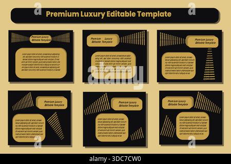 Diese hochwertige, luxuriöse, editierbare Vorlage hat einen polierten schwarzen Hintergrund mit opulenten goldenen geometrischen Akzenten. Das Design ist in sechs Sekten unterteilt Stock Vektor