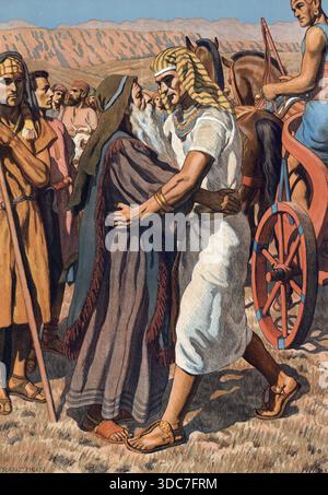 Szene aus der biblischen Geschichte, Josef grüßt seinen Vater, authentische Reproduktion einer Schultafel, historisch, um 1900 Stockfoto