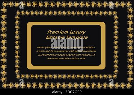 Diese hochwertige, luxuriöse, editierbare Schablone hat einen auffälligen tiefschwarzen Hintergrund mit einem goldenen Zierrand aus komplizierten, sich wiederholenden Zirkularformen Stock Vektor