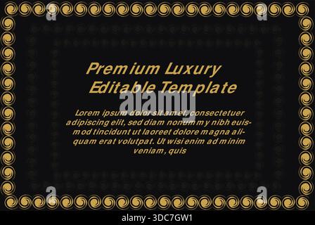 Diese hochwertige, luxuriöse, editierbare Schablone hat einen auffälligen tiefschwarzen Hintergrund mit einem goldenen Zierrand aus komplizierten, sich wiederholenden Zirkularformen Stock Vektor