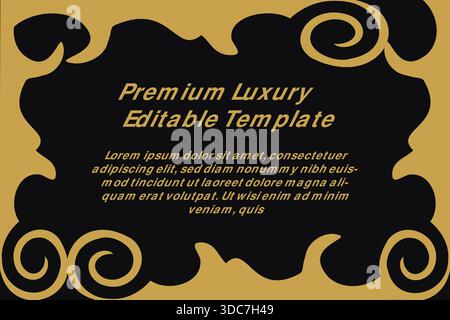 Diese hochwertige, luxuriöse, editierbare Vorlage verfügt über ein raffiniertes, symmetrisches Design mit schwarzem Hintergrund, der von verzierten goldenen Wirbeln und Kurven eingerahmt wird. Die Deko Stock Vektor
