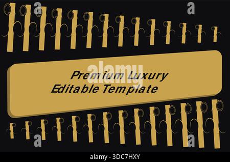 Diese hochwertige, luxuriöse, editierbare Schablone verfügt über ein elegantes Design mit schwarzem Hintergrund und einer zentralen, goldenen rechteckigen Platte mit abgerundeten Kanten. Th Stock Vektor