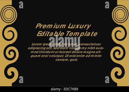 Diese hochwertige, luxuriöse, editierbare Vorlage verfügt über ein raffiniertes Design mit tiefschwarzem Hintergrund und komplizierten goldenen Drallmustern. Die Symmetrica Stock Vektor