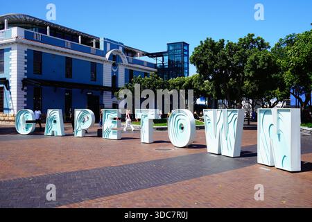 Das Kapstadt-Schild an der V&A Waterfront, Kapstadt, Südafrika Stockfoto