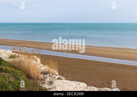 Ruhige Landschaft mit einer ruhigen Küste, mit einem breiten Sandstrand, blauem Kaspischen Meer und trockener Vegetation im Vordergrund unter weichem natürlichem Licht Stockfoto