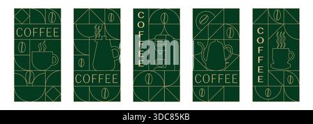 Geometrische Banner-Kollektion Mit Kaffeematerial. Handgezeichnete Illustration von Kaffee. Hintergrund der abstrakten geometrischen Linie. Kaffeesymbole, Liniendesign mit einfachen Formen für Coffee Shops, Produktverpackungen, Café-Wände und Menü. Stock Vektor