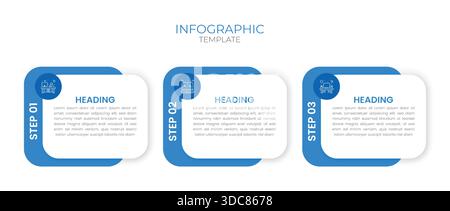Moderne Infografik-Vorlage mit drei blauen Schritten, Symbolen und Textfeldern. Perfekt für Workflows, Geschäftsprozesse, Präsentationen und Datenvisualisierung Stock Vektor