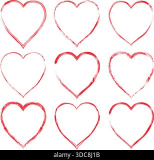 Handgezeichnetes Vektor-Set mit roten herzförmigen Rahmen und Rahmen für Valentinstag-Designs und Grußkarten Stock Vektor
