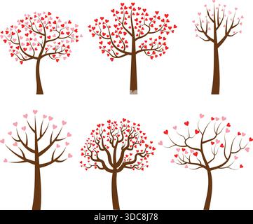 Satz von Vektorbaum-Illustration mit roten und rosa herzförmigen Blättern Stock Vektor