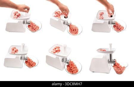 Collage einer elektrischen Fleischwolf, die rohes frisches Fleisch zu Hackfleisch isoliert auf weißem Hintergrund verarbeitet. Hochwertige Fotos Stockfoto