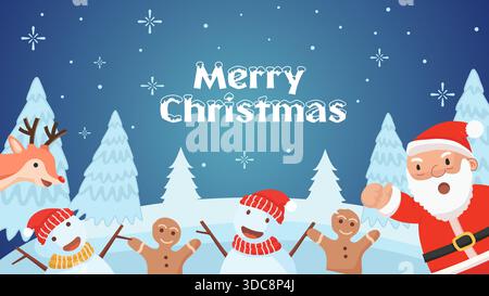 Frohe Weihnachten Illustration Santa Claus Rentier Schneemann Lebkuchen Winterszene. Vektorbanner Stock Vektor