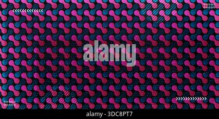 Ein modernes abstraktes horizontales Banner mit einem nahtlosen Metaball-Muster in leuchtenden Rosa- und Blautönen auf einem dunkelschwarzen Hintergrund. Stock Vektor